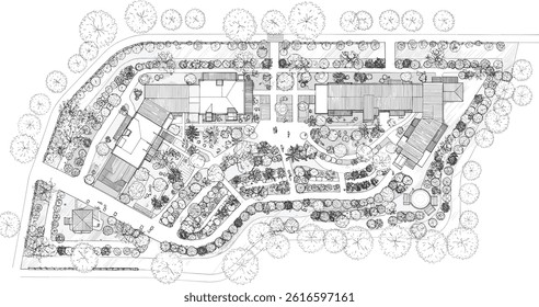 Top view landscape design plan with house, courtyard, lawn.