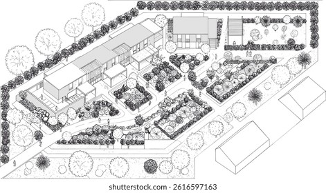 Top view landscape design plan with house, courtyard, lawn.