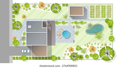Top view landscape design plan with house, courtyard, lawn, garage. Highly detailed plan of country with modern cottage of villa with pond, pool. Vector illustration of Cityscape, Map of town, village