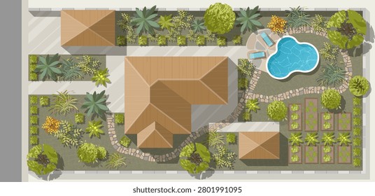 Top view landscape design plan with house, courtyard, lawn, garage. Highly detailed plan of country with modern cottage of villa with pond, pool. Vector illustration of Cityscape, Map of town, village