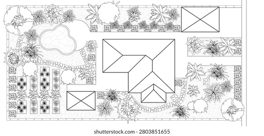 Top view landscape design plan with house, courtyard, lawn. Black and white highly detailed plan of country with modern cottage, villa with garden. Vector blueprint Cityscape, Map of town, village