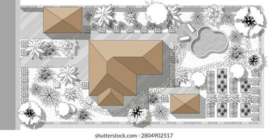 Top view landscape design plan with house, courtyard, lawn, garage and pool. Highly detailed plan of villa with garden. Blueprint of cottage. Vector illustration of Cityscape or Map of town, village