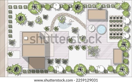 Top view landscape design plan with house, courtyard, lawn, garage. Highly detailed plan of country with modern cottage of villa with pond, pool. Vector illustration of Cityscape, Map of town, village