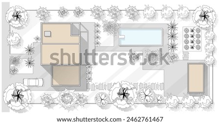 Top view landscape design plan with house, courtyard, lawn, garage and pool. Highly detailed plan of villa with garden. Blueprint of cottage. Vector illustration of Cityscape or Map of town, village
