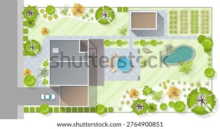 Top view landscape design plan with house, courtyard, lawn, garage. Highly detailed plan of country with modern cottage of villa with pond, pool. Vector illustration of Cityscape, Map of town, village