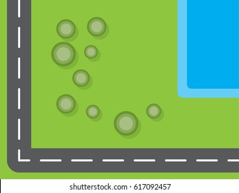 Top view landscape, drone eye view, tree road and swim pool on green background