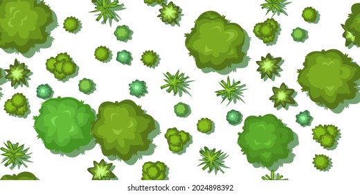 Vista superior del paisaje desde una altura. Un paisaje verde de verano con árboles. Aislado sobre fondo blanco. Ilustración perfecta en estilo plano. Diseño de caricaturas. Vector