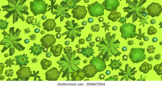 Top view of the landscape from a height. Green summer scenery with trees in rainforest. Seamless illustration in flat style. Cartoon design. Vector.