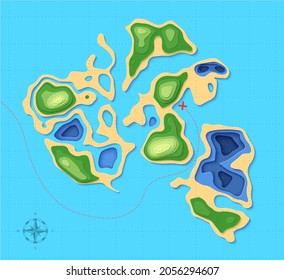 Top view landscape map with cross shape in paper cut style. Aerial view 3d background with ocean forest and island. Vector papercut illustration of creative concept environment conservation and nature