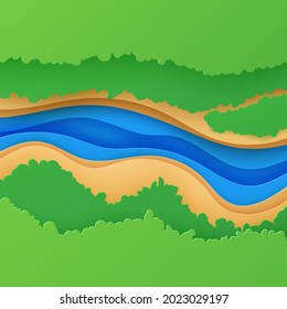 Top view landscape in paper cut style. Aerial view 3d background with river green forest canopy and land. Vector papercut card illustration of creative concept idea environment conservation and nature