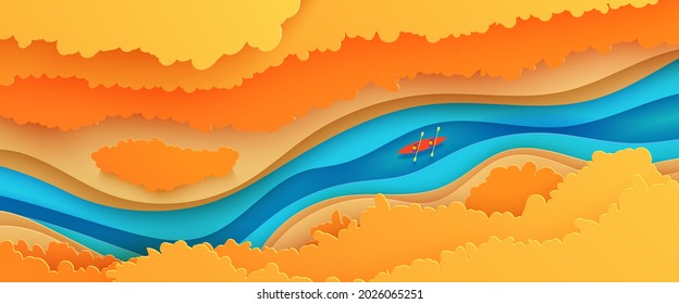 Top view landscape in paper cut style. Eco tourism 3d background with aerial view river autumn trees and kayak boat. Vector card illustration of extreme rafting sport vacation adventure papercut art.