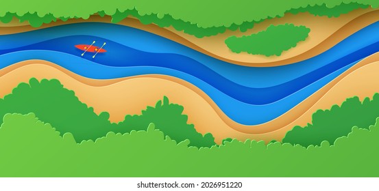 Top view landscape in paper cut style. Eco tourism 3d background with aerial view river green trees and kayak boat. Vector card illustration of extreme rafting sport vacation adventure papercut art