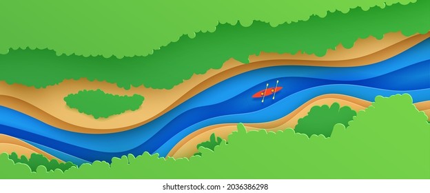 Top view landscape in paper cut style. Eco tourism 3d background with aerial view river green trees and kayak boat. Vector card illustration of extreme rafting sport vacation adventure papercut art.