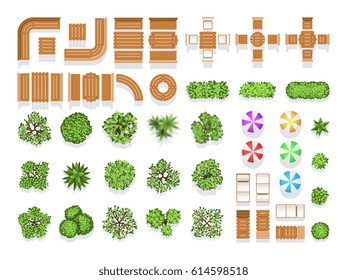 Top view landscaping architecture city park plan vector symbols, wooden benches and trees. Wooden modern sitting and table for design, illustration of creative natural structure city umbrella and tree