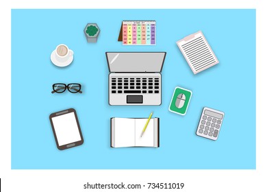 top view with laptop and accessories for work in office - vector illustration business concept