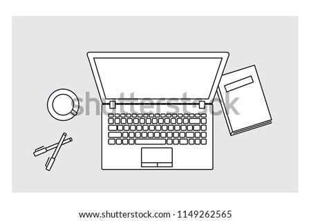 Top View Laptop, Book, Coffee on Desk