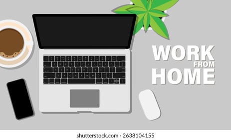 Top view with laptop and coffee, Work from home content, illustration in flat style, illustrations EPS 10