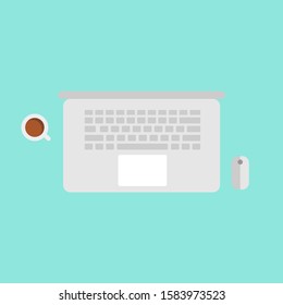 top view laptop with coffeea flat design vector illustration. workspace vector illustration 