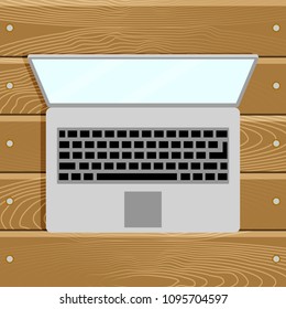 Top view laptop computer on wood table. Work notebook for office. Vector illustration