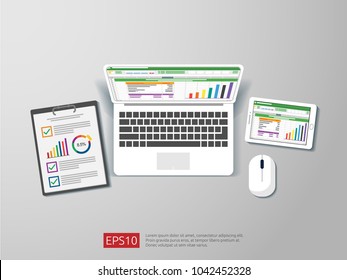 top view of laptop , report, and tablet with spreadsheet. office things for planning and accounting, analysis, audit, project management, marketing, research vector illustration. 