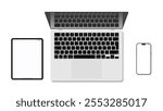 Top View of Laptop, Smartphone, and Tablet with Blank Screens Isolated on White Background. Vector.