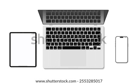 Top View of Laptop, Smartphone, and Tablet with Blank Screens Isolated on White Background. Vector.