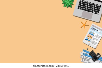 Top view of laptop and tablet searching places and prepared for travel in summer holiday in tropical island destination with copy space for your text 