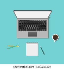 Top view of a laptop. Working space. Vector illustration