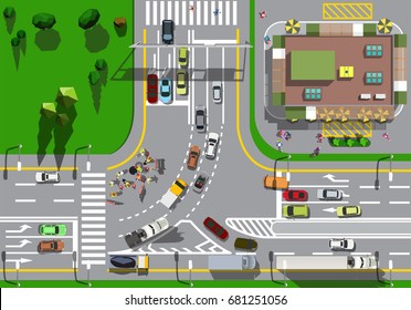 Top view large busy intersection with a traffic jam of cars and road repair