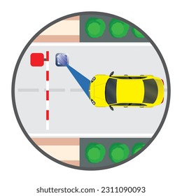 Top view large car Parking in a highway, city with trees, license plate recognition, and boom barrier. Outdoor car parking zone. Urban transport, traffic concept. Vector illustration.