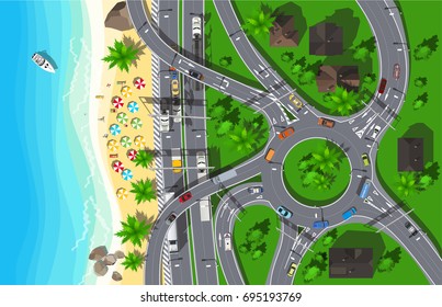 top view large circle automobile highway in the city near seaside