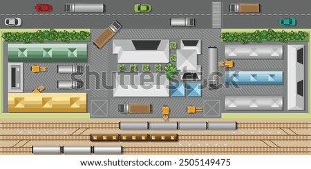 Top view of large logistics park with warehouse loading hub.Semi trucks, cargo train with freight trailers standing for loading or unloading goods.factory and industry, vector illustration.