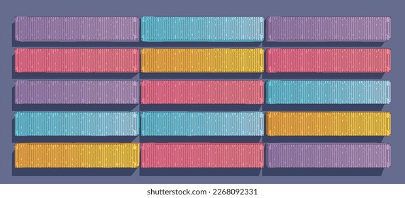 Top view of large multicolored metal container blocks for goods in sea port warehouse. Vector set. Flat illustration for transport company. Concept of cargo transportation. Loading ship, truck. Line