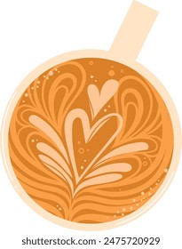 Top view latte art coffee cup heart design. Warm tones coffee foam art isolated white background. Creative barista hot beverage cappuccino decoration