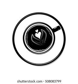 Top view latte art coffee with bubble. Black on white background. Mocha, cappuccino, latte, chocolate cup vector. Love, heart.