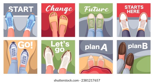 Top view of legs on road with motivation inscription set vector illustration. Cartoon selfie from above of mans or womans legs in casual shoes, gumshoes and sport sneakers standing at creative signs