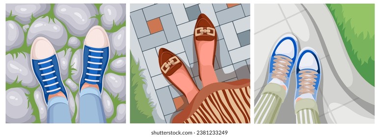 Top view of legs on stone pavement set vector illustration. Cartoon selfie from above of feet in shoes, canvas gumshoes and sneakers, legs of people standing, walking along city park road or street