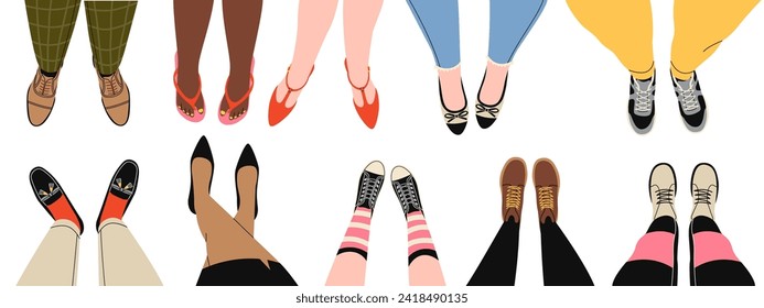 Zapatos para piernas de vista superior. Caricatura de piernas masculinas y femeninas en calzado moderno de diversos tipos, bombas, moccasinas, botas y zapatillas, accesorios contemporáneos masculinos y femeninos, conjunto aislado de vectores