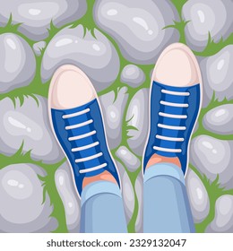 Top view of legs in sneakers on stone road vector illustration. Cartoon person in jeans and canvas blue gumshoes with laces on feet standing on blocks and rocks of old stone pavement with moss