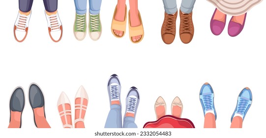 Top view of legs in sport and casual shoes set vector illustration. Cartoon isolated different male and female legs standing along frame border, feet of man and woman in socks and sneakers, moccasins