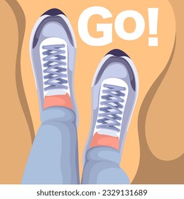 Vista superior de las piernas paradas en la ilustración vectorial de la inscripción Go. Persona de caricatura en zapatillas de deporte casuales en pies y jeans listos para empezar a caminar hacia nuevas oportunidades y desarrollo, ir en camino al futuro