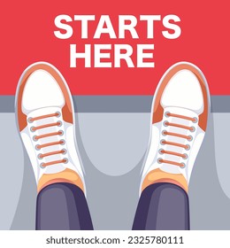 Top view of legs standing at Start here inscription on road vector illustration. Cartoon person in casual sneakers with laces beginning new way and adventure, ready to begin and start achievement