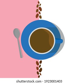 Top view of light blue coffee cup, spoon and coffee beans on pink and white background.