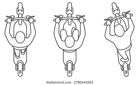 top view line art illustration of three people riding scooters electric scooter vehicle transportation on transparent background