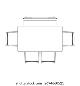 Desenho de linha de vista superior de uma mesa de jantar retangular com quatro cadeiras e um banco. Adequado para plantas baixas, design de layout, planejamento de espaço e catálogos de móveis.