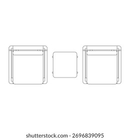 Desenho de linha de vista superior de um conjunto de sofá com dois sofás individuais e uma mesa de café. Ideal para plantas de chão e visualização de layout interior em design de móveis.