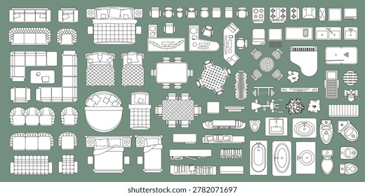 Top view line outline stroke collection of interior furniture and home elements including sofas, beds, tables, kitchen appliances and bathroom equipment. Hand drawn monochrome architectural set for floor plans, apartment layouts, interior design and home decoration projects.