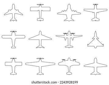 Vista superior del conjunto de iconos de plano de línea. Ilustración del vector aislada en blanco