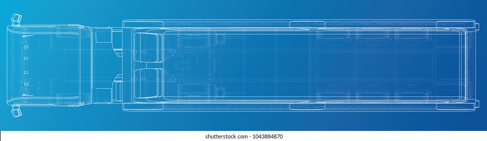 Top view. Line vector construction machinery truck tipper. Industrial style. Corporate cargo delivery. Created illustration of 3d. Wire-frame