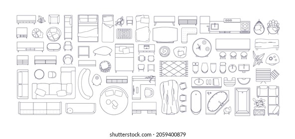 Top view of linear furniture for room interior floor plan and apartment design project. Sofa, bed and table set for home and office layout. Outlined vector illustrations isolated on white background